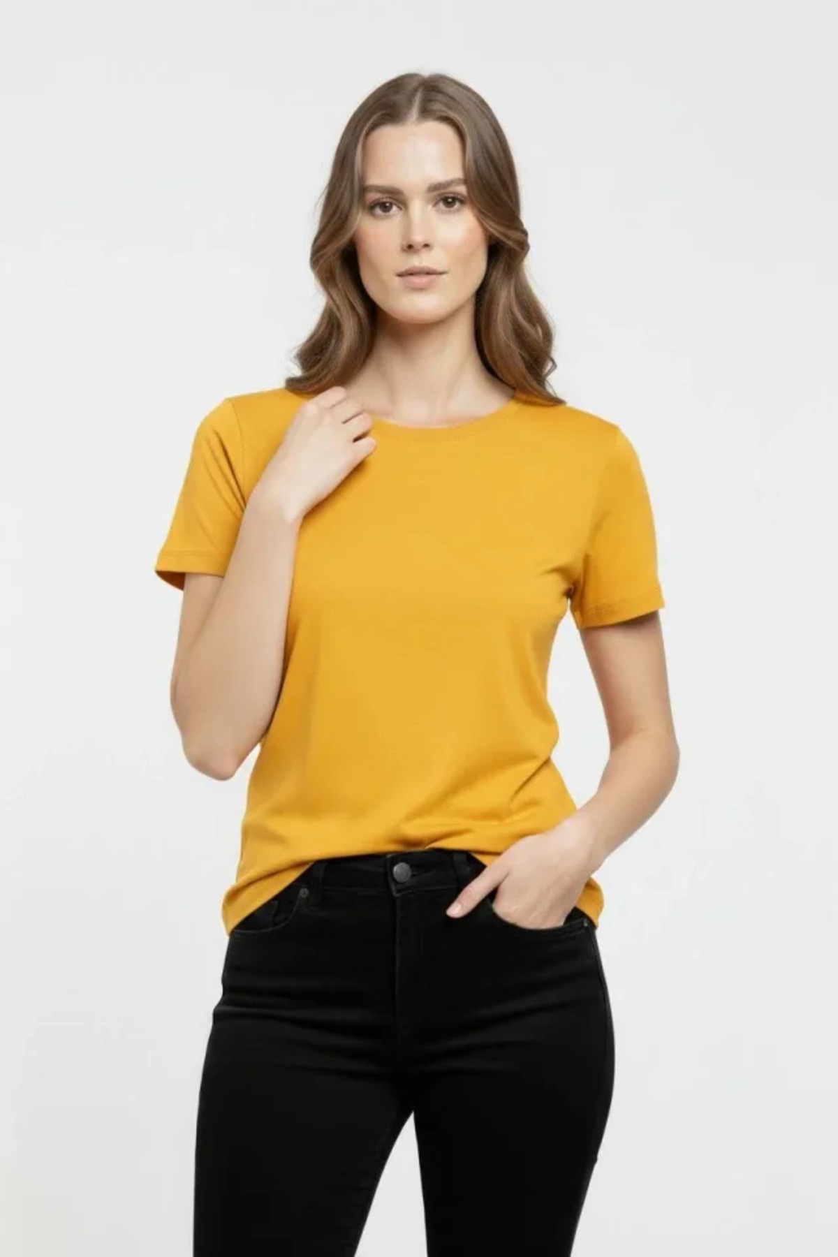 T-Shirt Bisiklet Yaka Slim Fit Likralı Tişört Günlük Basic Body - Sarı alternatif görünüm