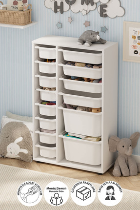 Bofigo 14 Sepetli Dolap Çok Amaçlı Dolap Oyuncak Dolabı Rüya Beyaz