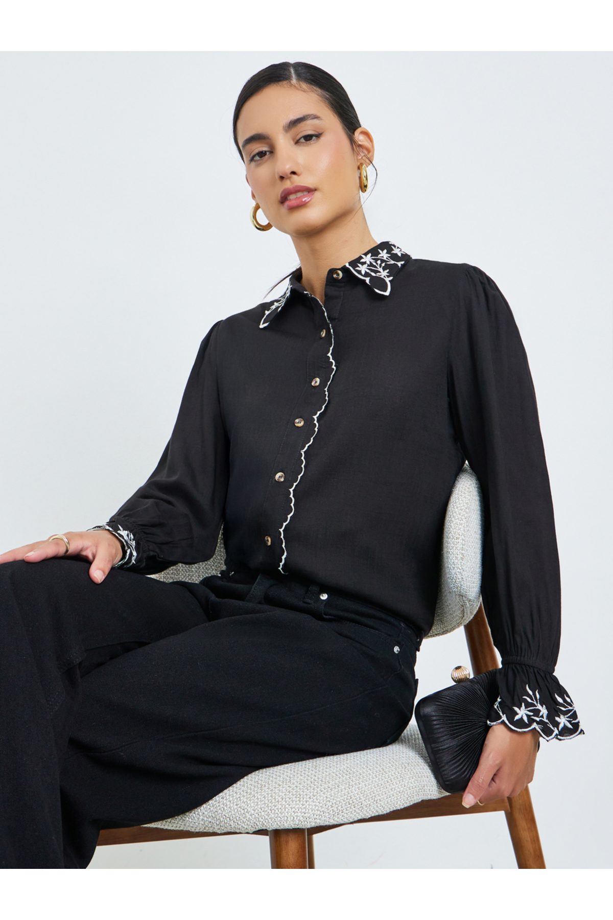 Styli Black Embroidered Trim Spread Collar Shirt