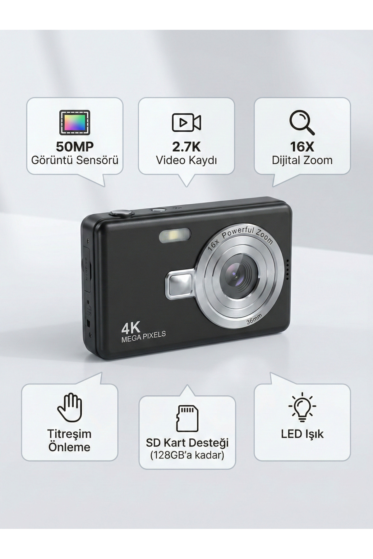 FaroxTech 50MP Kompakt Dijital Fotoğraf Makinesi 16X Dijital Zoom Anti-Shake Vlog ve Video Kamerası
