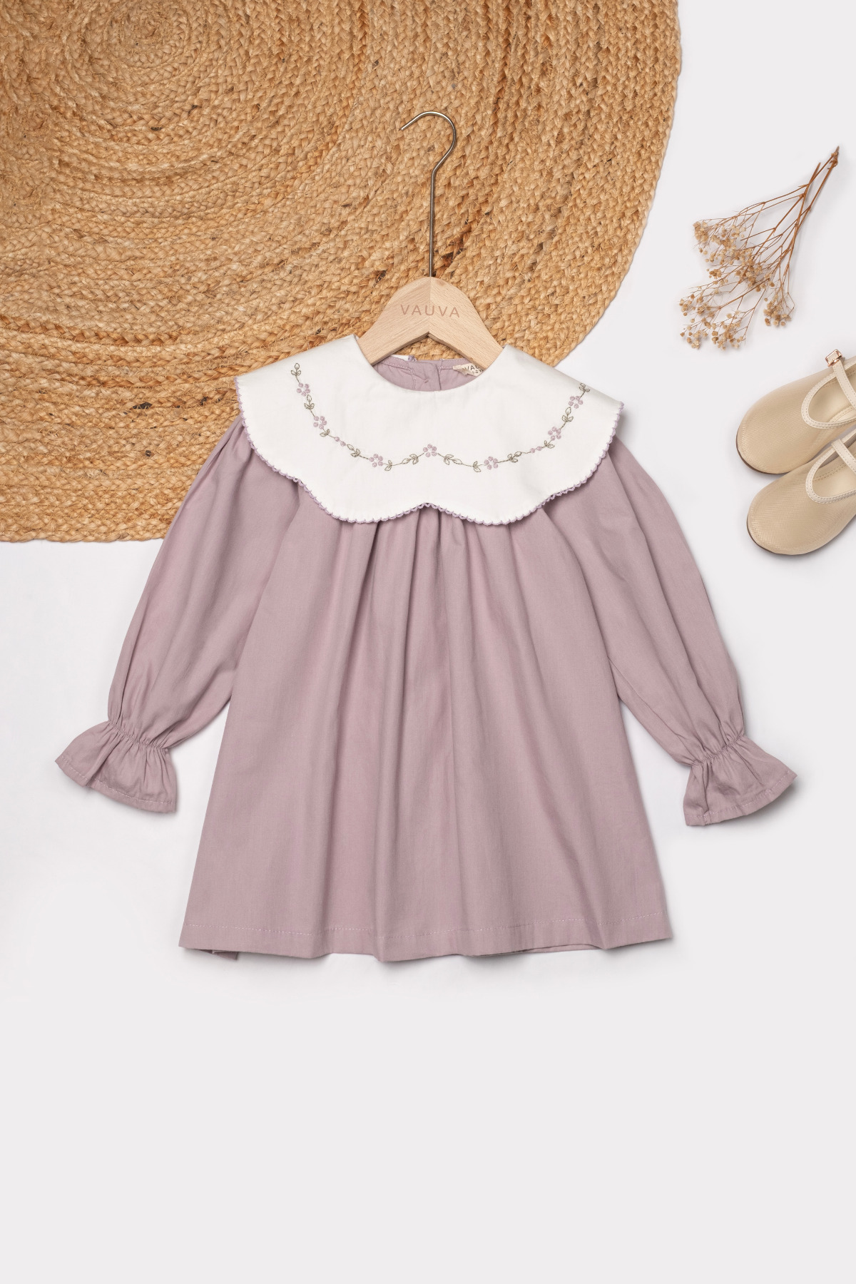 Embroidered Dress Girl Collared Embroidery Detailed Holiday Dress