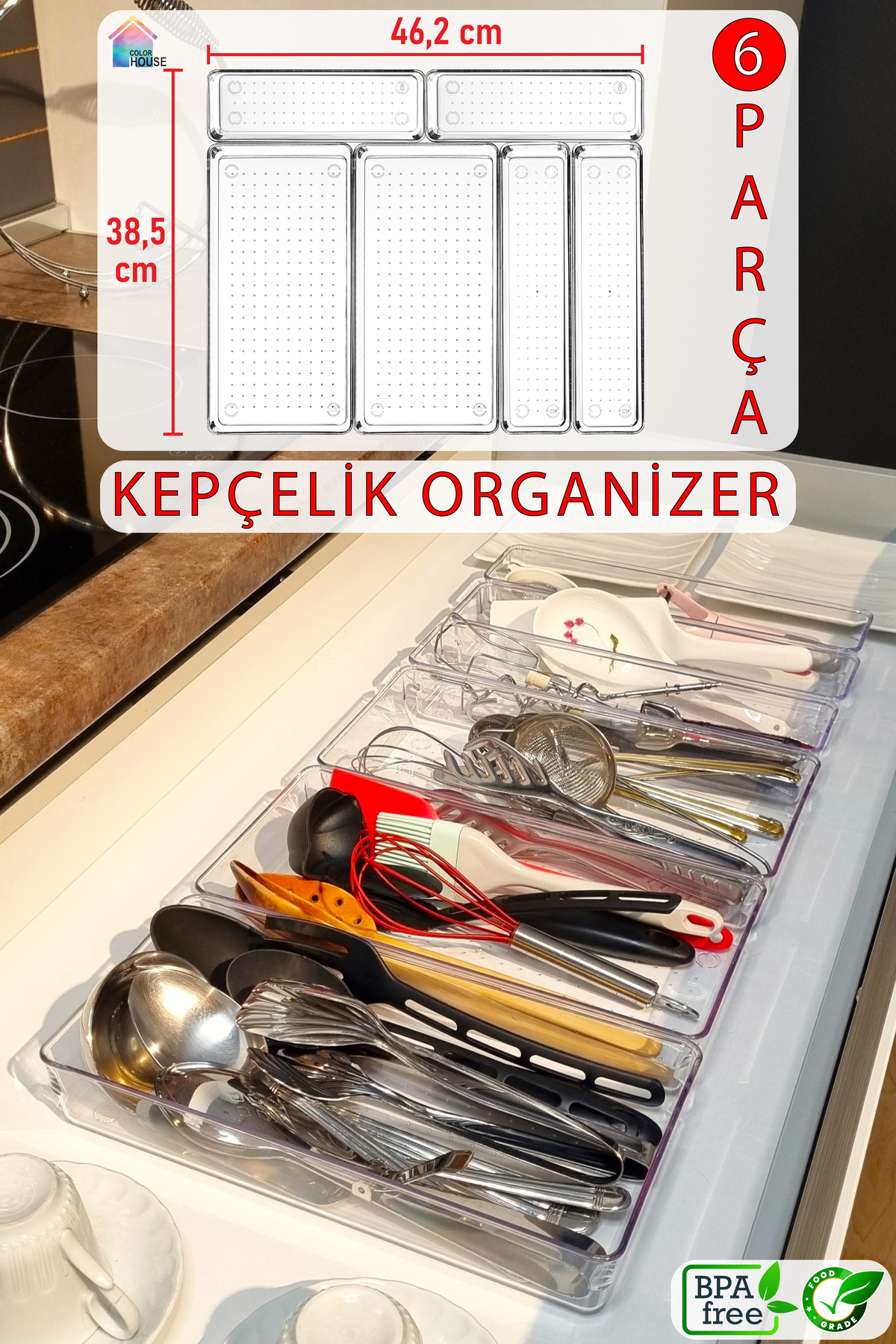 FeyzaDesign 6 Parça Şeffaf Modüler Plastik Organizer Seti, Kepçe