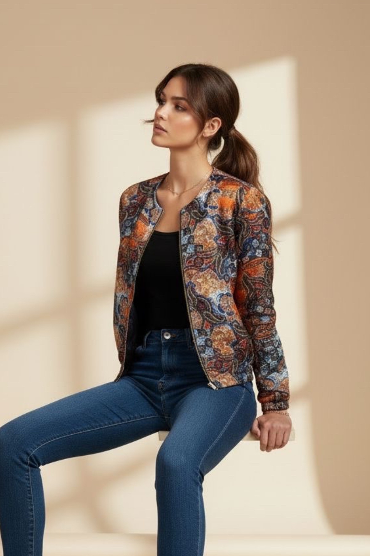 Ded COLLECTION Kadın Vintage Esintili Toprak Tonlu Etnik Desenli Bomber Ceket görsel 2