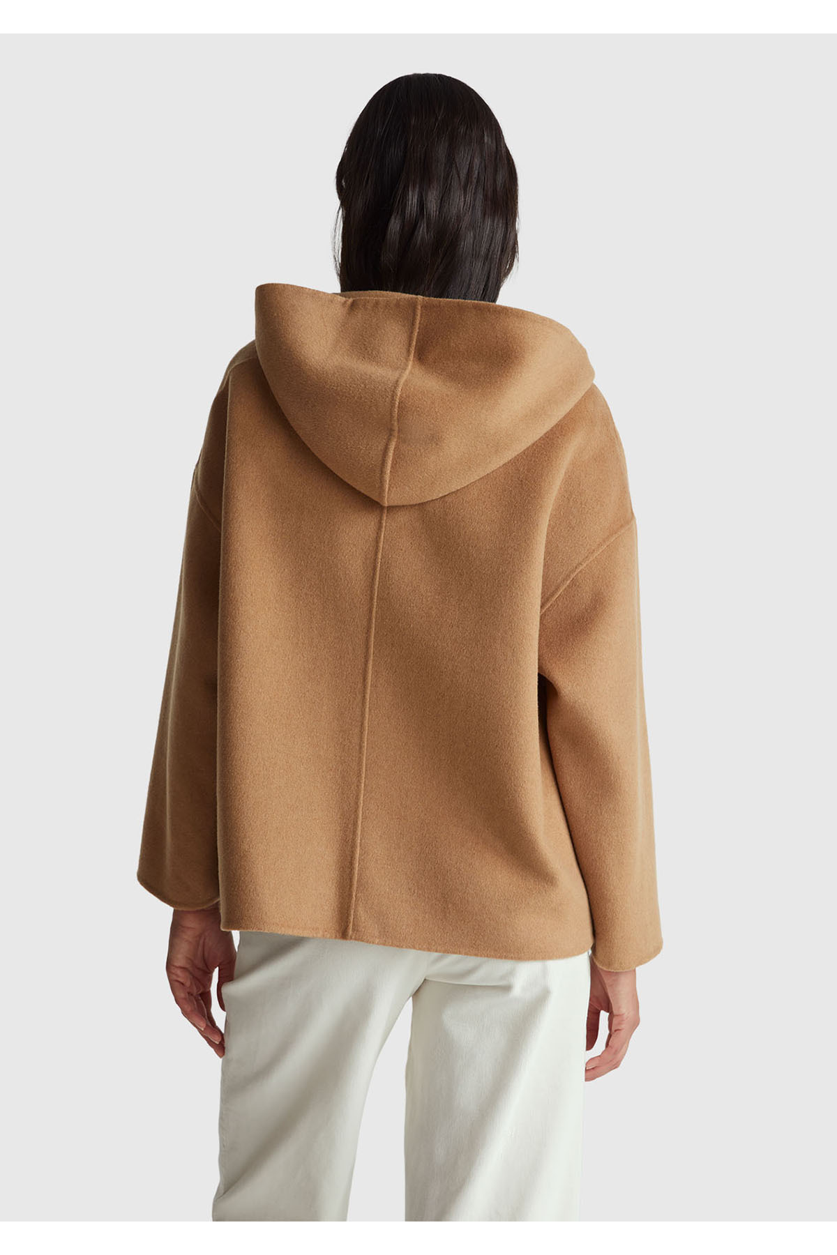 United Colors of Benetton  Kadın Açık Kahverengi Yün ve Viskoz Karışımlı Çift Taraflı Cepli Kapüşonlu Palto - Görsel 3