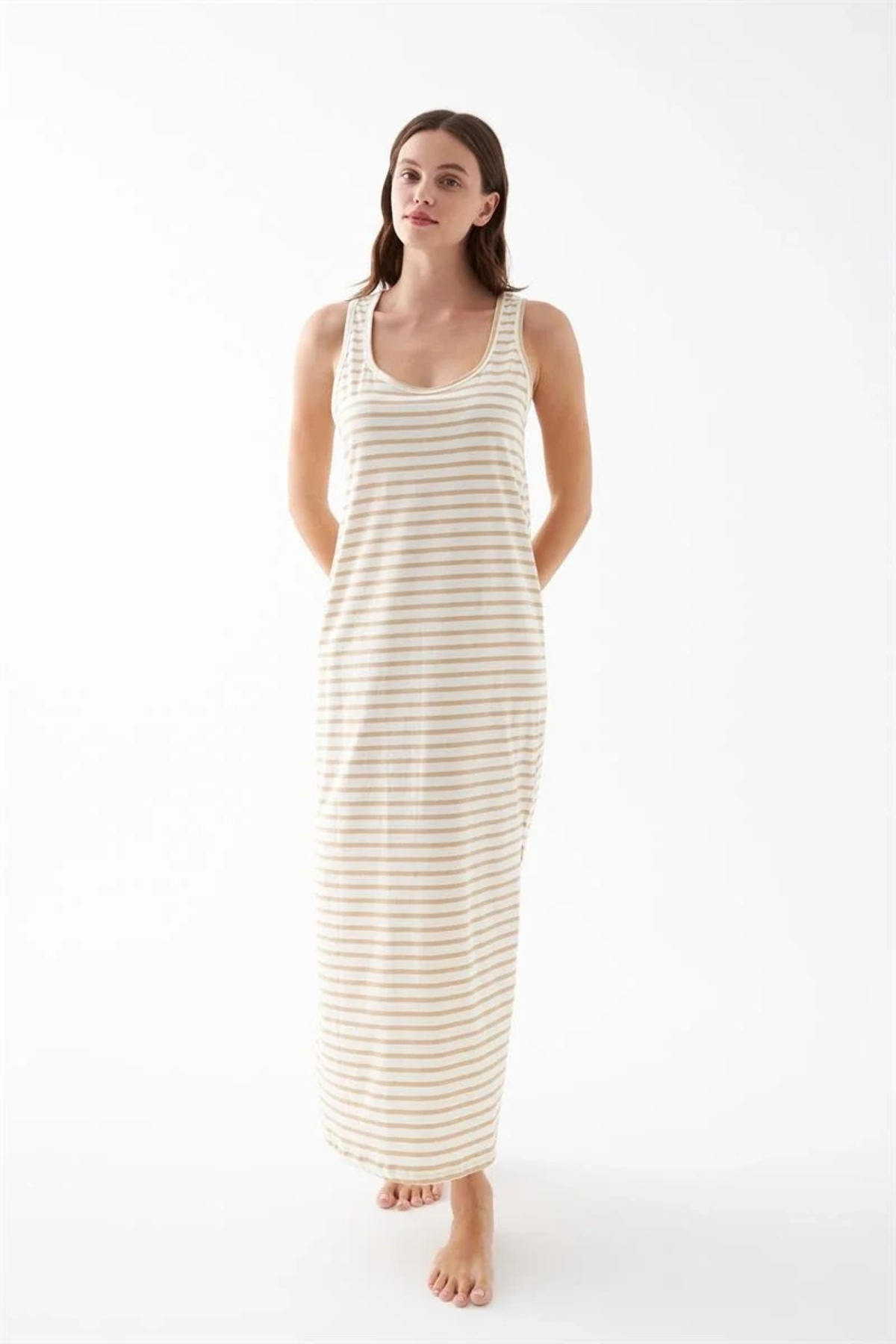 Beruflic Kadın Sarı Çizgili Askılı Uzun Gecelik – Rahat Kesim Günlük Uyku Geceliği