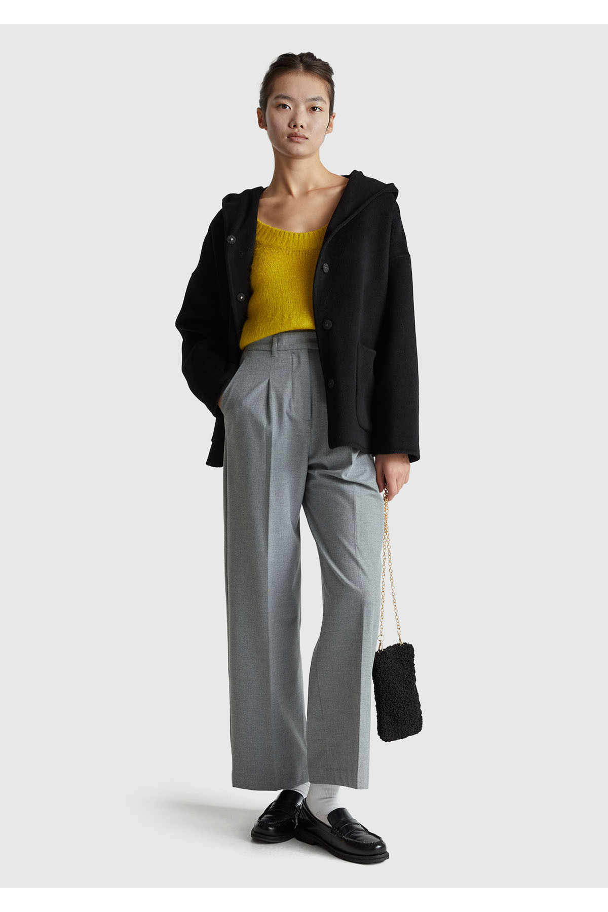 United Colors of Benetton  Kadın Siyah Yün ve Viskoz Karışımlı Çift Taraflı Cepli Kapüşonlu Palto - Görsel 5