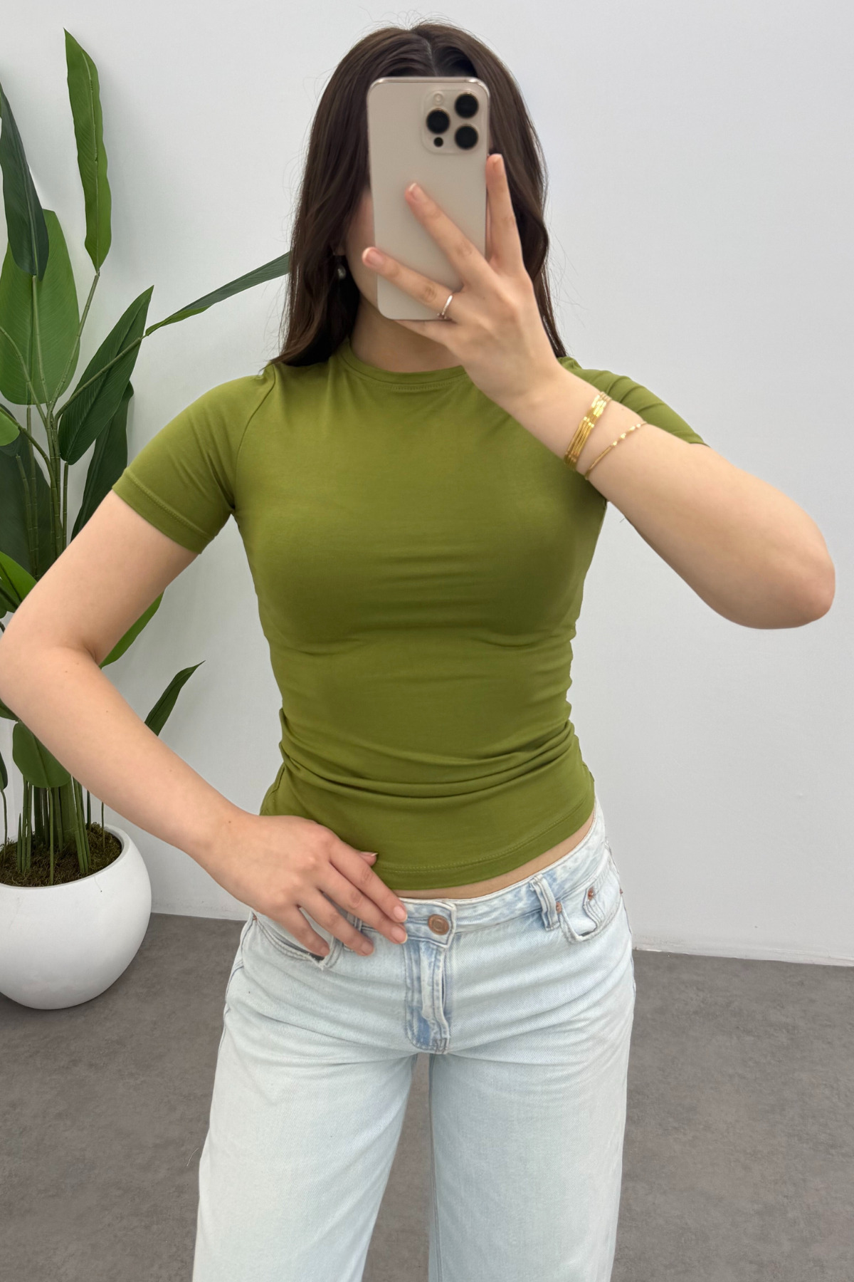 Bipantolon  Kadın Yağ Yeşili Bisiklet Yaka Kısa Kol Bluz - Görsel 4