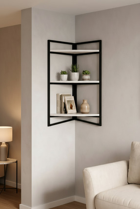 Euromob Köşe Duvar Rafı, 3 Katlı ,Siyah Metal, Modern Dekoratif Duvara Monte ...