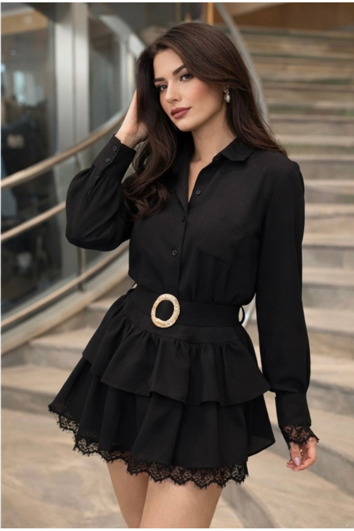 Fashionbox  gömlek yaka dantel toka detaylı kemerli mini elbise 26113 - Görsel 2