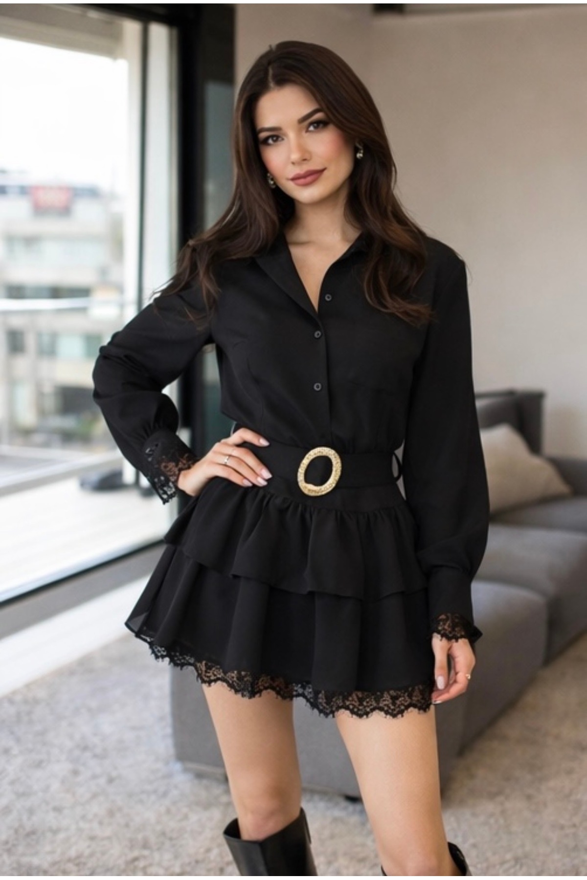 Fashionbox  gömlek yaka dantel toka detaylı kemerli mini elbise 26113 - Görsel 6