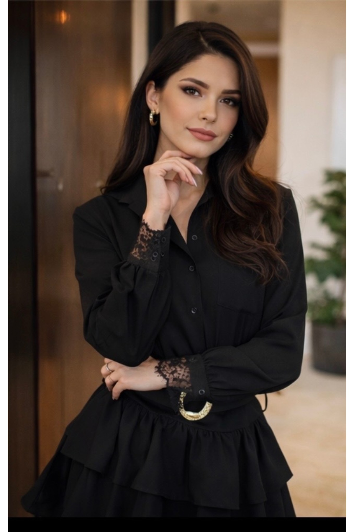 Fashionbox  gömlek yaka dantel toka detaylı kemerli mini elbise 26113 - Görsel 5