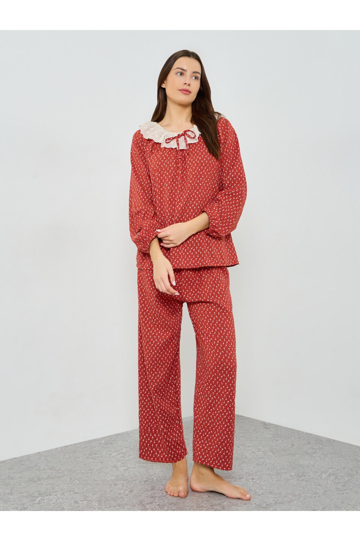 Styli Lace Neck Ditsy Print Top and Pyjama Set