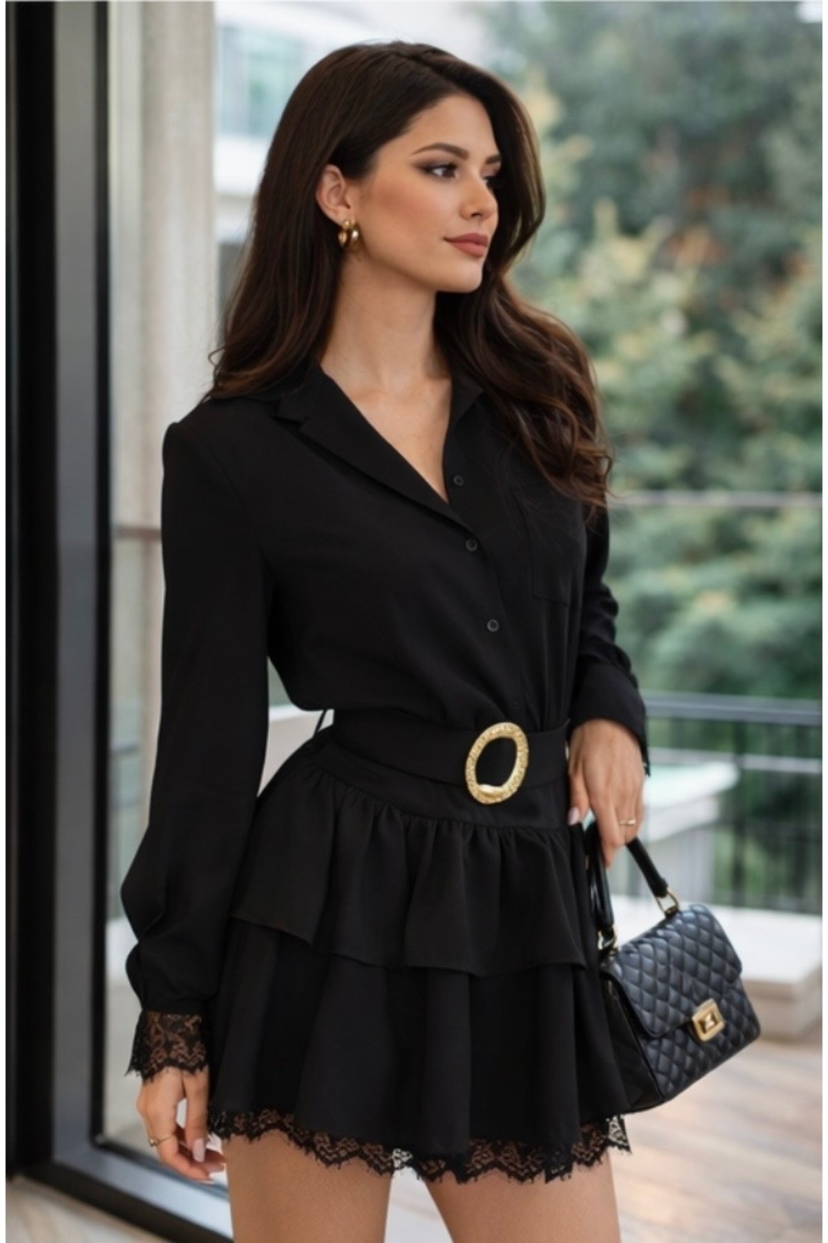 Fashionbox  gömlek yaka dantel toka detaylı kemerli mini elbise 26113 - Görsel 4