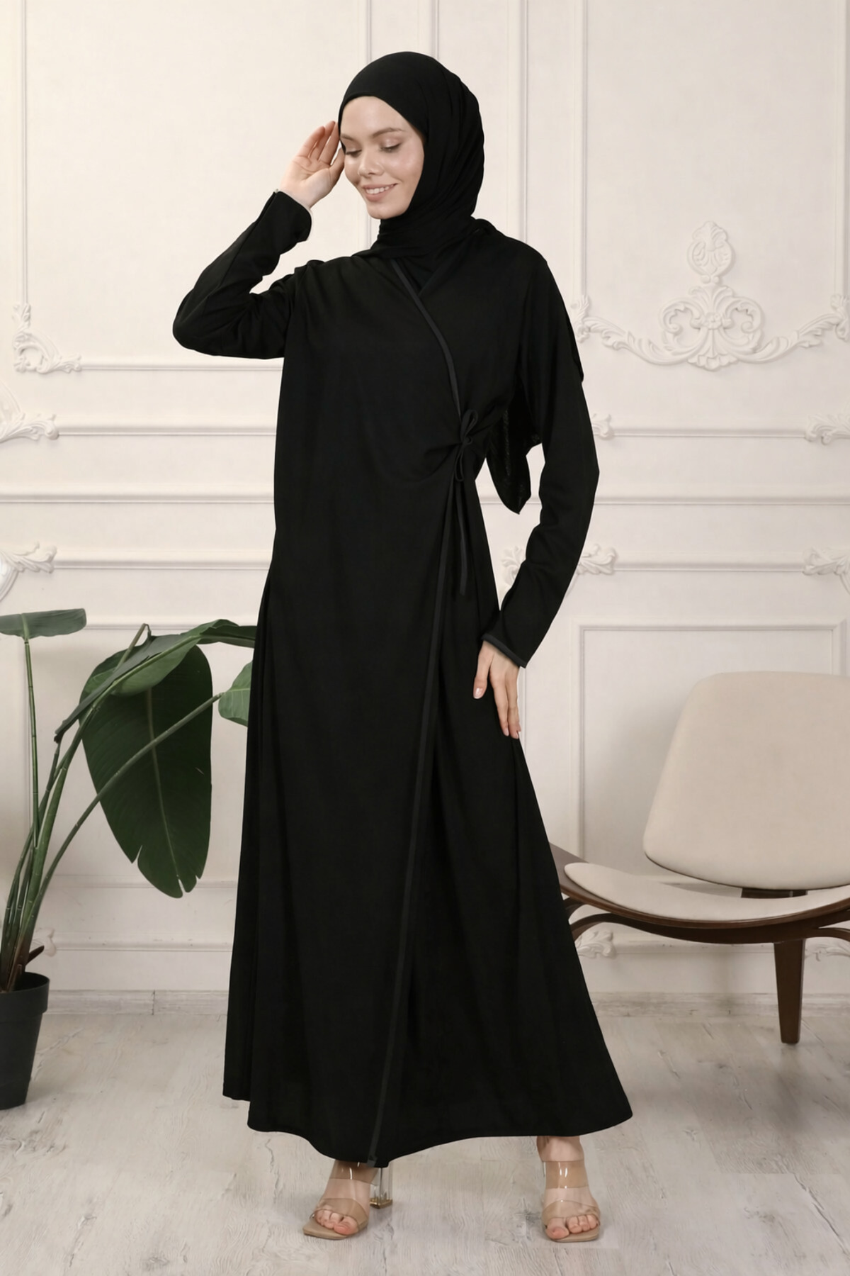 Transacoustic Siyah Kruvaze Yaka Biyeli Esnek Interlok Kumaş Namaz Elbisesi görsel 2