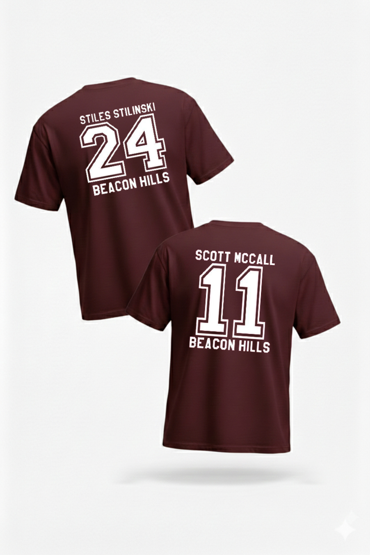 DASH WEAR  Teen Wolf İkili Stilinski-McCall T-Shirt - Bordo Baskılı Oversize Bisiklet Yaka Kısa Kol Bol