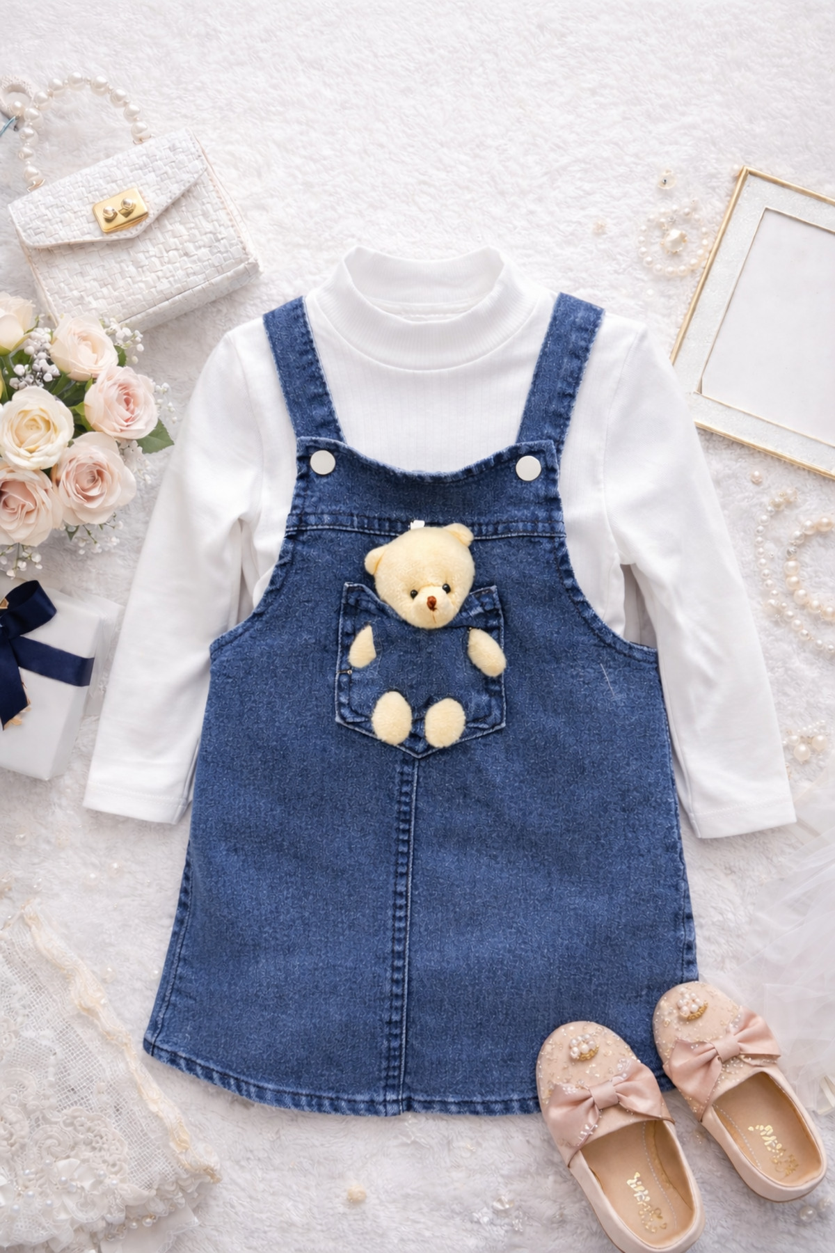 DUBAİ ÇOCUK Kız Bebek Salopet Elbise Takım Ayıcık Detaylı Kazayağı Desenli Jile Badi Kombin 6 Ay-3 Yaş fotoğrafı 2 (önizleme)