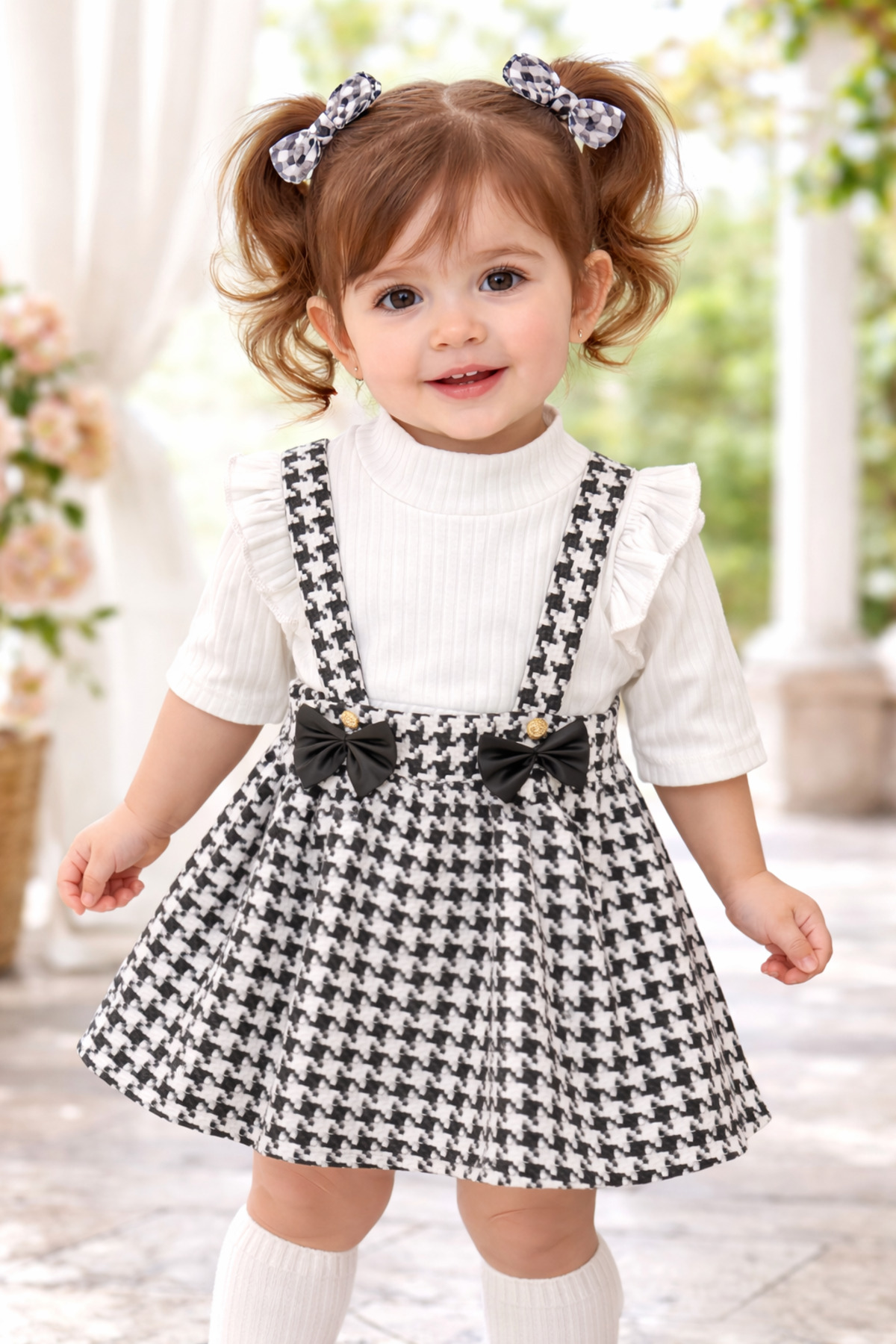 DUBAİ ÇOCUK Kız Bebek Salopet Elbise Takım Ayıcık Detaylı Kazayağı Desenli Jile Badi Kombin 6 Ay-3 Yaş fotoğrafı 3 (önizleme)