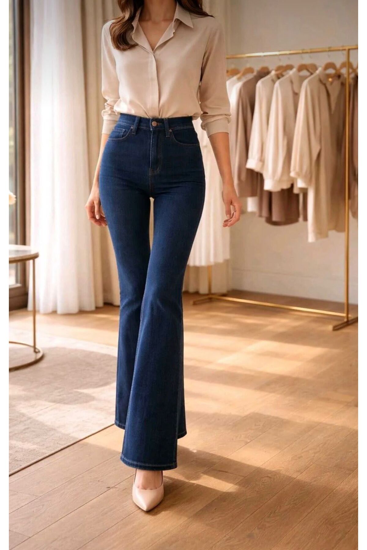 ON KLEEM  kadın lacivert ıspanyol paca Flare Jeans Kot Pantolonu Yüksek Bel Koyu Mavi - Görsel 3