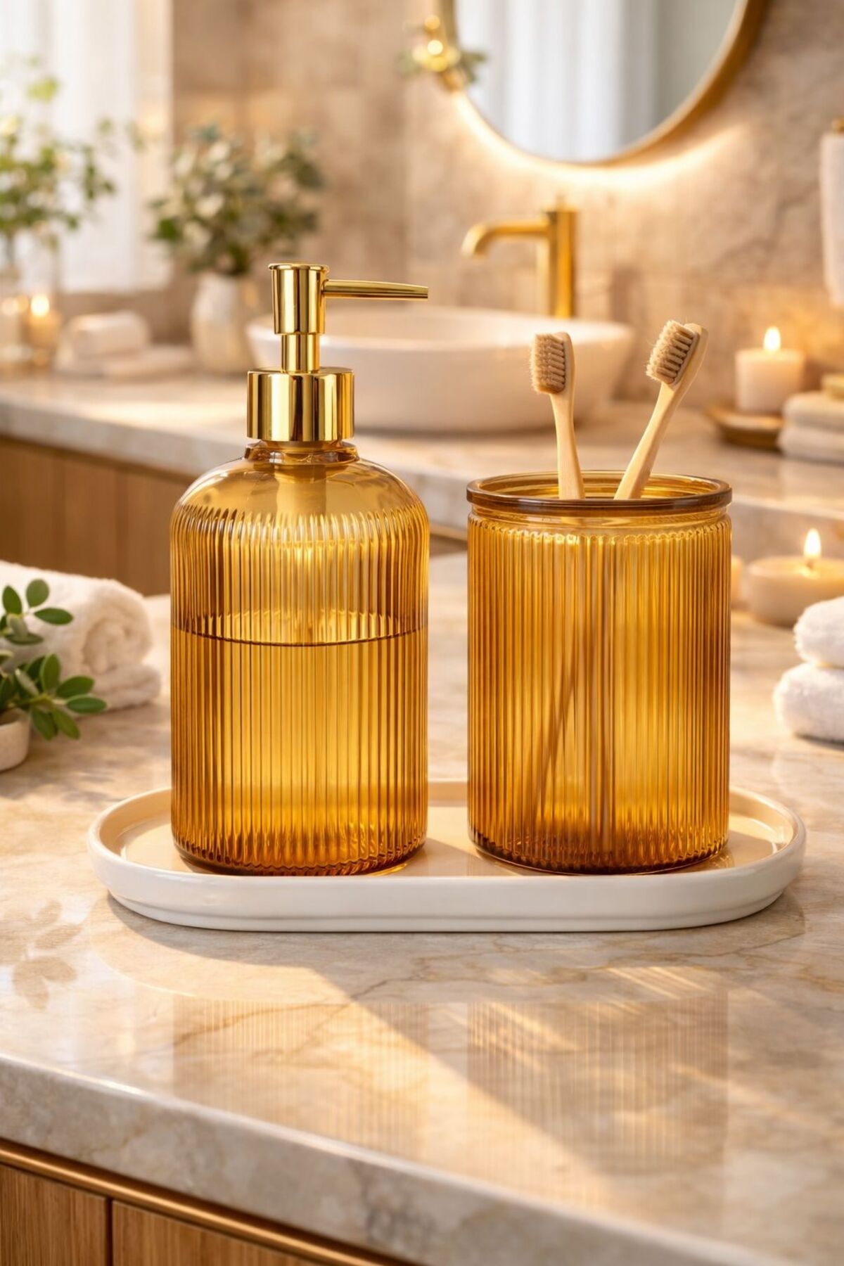 PEARL Glass 2-Piece Bathroom Set-Glass Liquid Soap Dispenser and Glass Toothbrush Holder with HONEY-CREAM CERAMIC PLATE