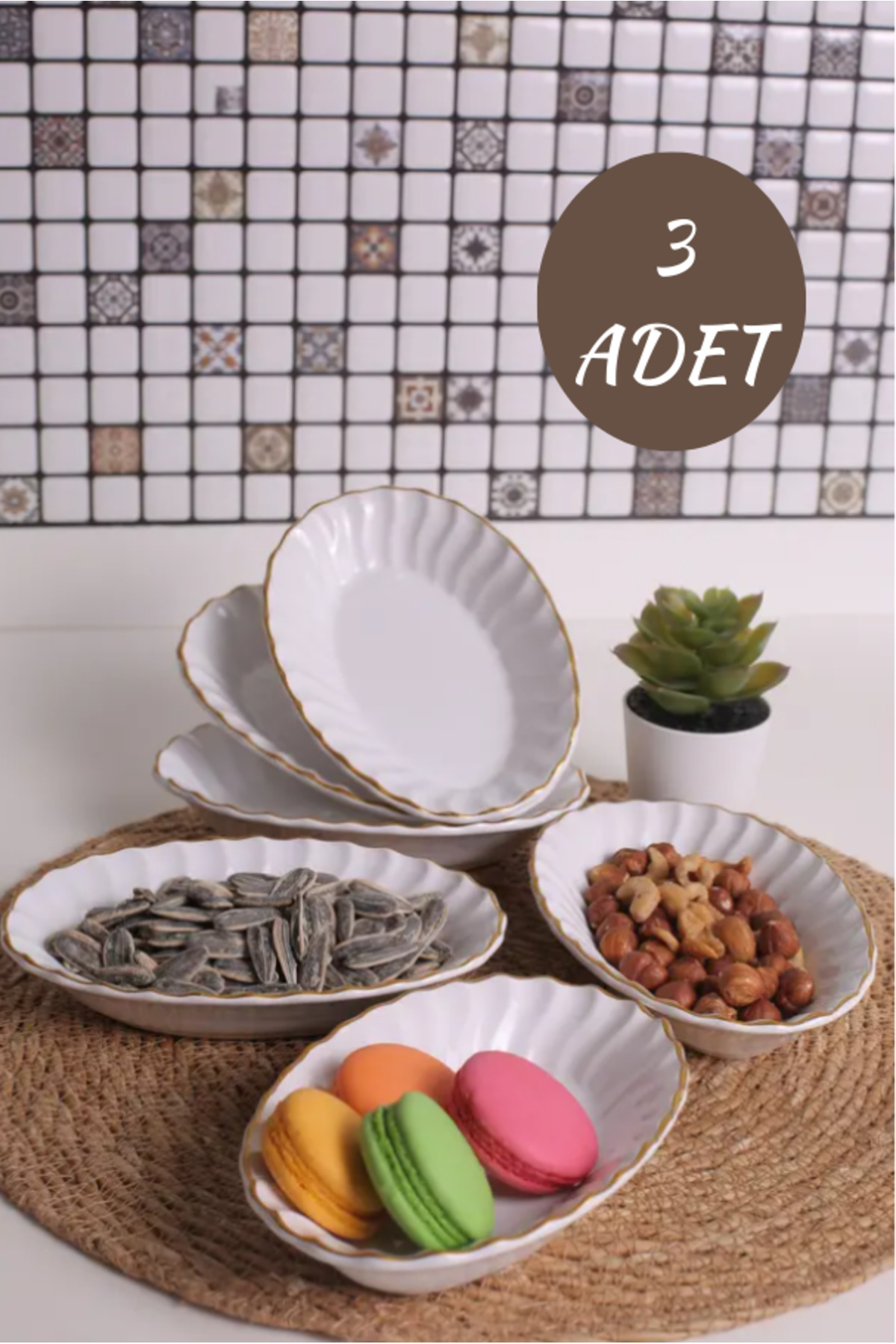 Gilded Ruffle Snack Bowl, Presentation, Breakfast Set 3 Pieces White