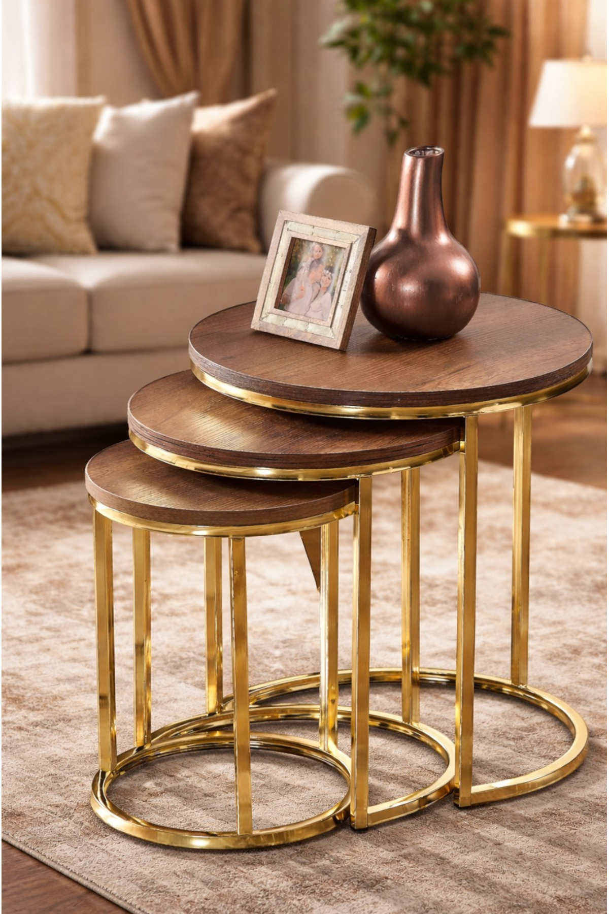 3 'lü Koyu Ceviz Gold Metal Ayak Zigon Sehpa sedaş-living-units-sehpa-zigon