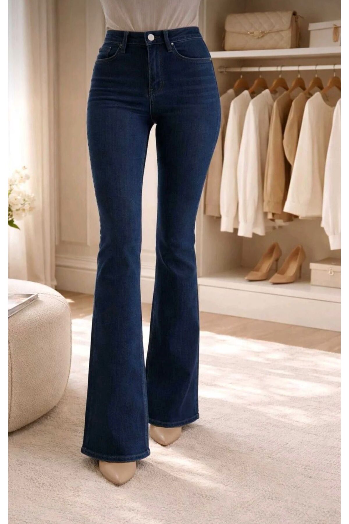 ON KLEEM  kadın lacivert ıspanyol paca Flare Jeans Kot Pantolonu Yüksek Bel Koyu Mavi