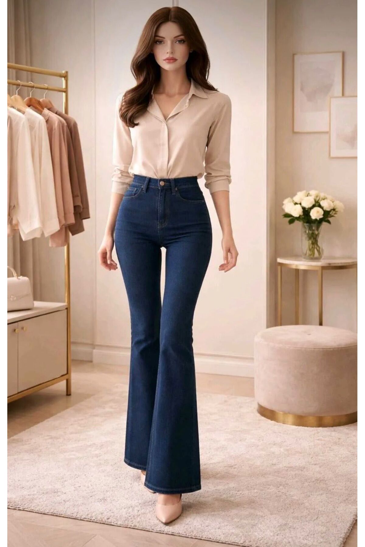 ON KLEEM  kadın lacivert ıspanyol paca Flare Jeans Kot Pantolonu Yüksek Bel Koyu Mavi - Görsel 7