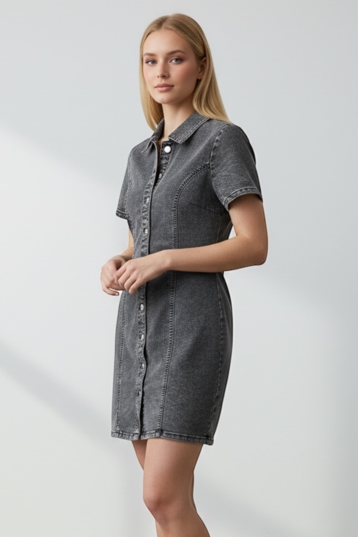 Trend Alaçatı Stili  Kadın Antrasit Önü Düğmeli Mini Jean Elbise Alc-X15410 - Görsel 2