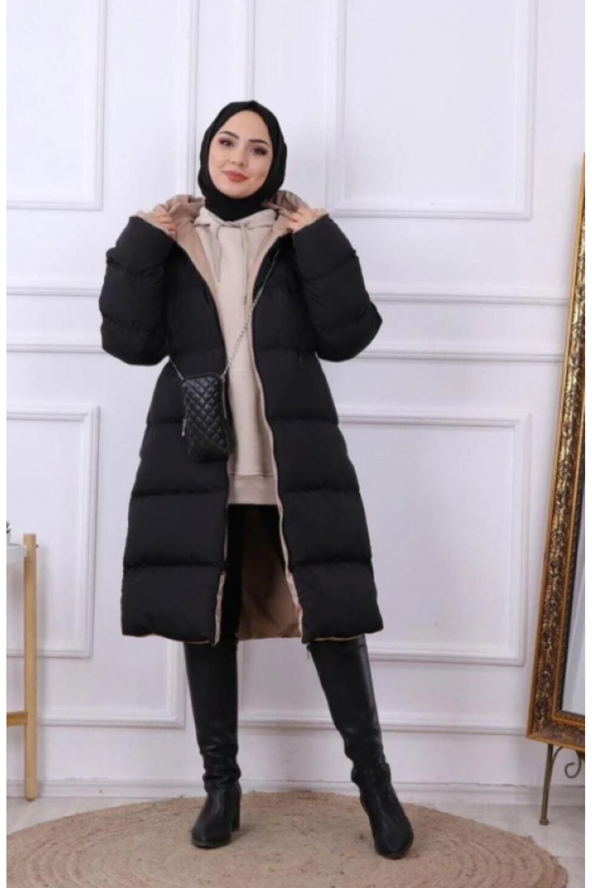 Rowsmen Kadın Çift Taraflı oversize Uzun Şişme Mont görsel 4