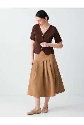 Jimmy Key Deve Tüyü Normal Bel Rahat Kesim Beli Fermuarlı Dokuma Midi Etek