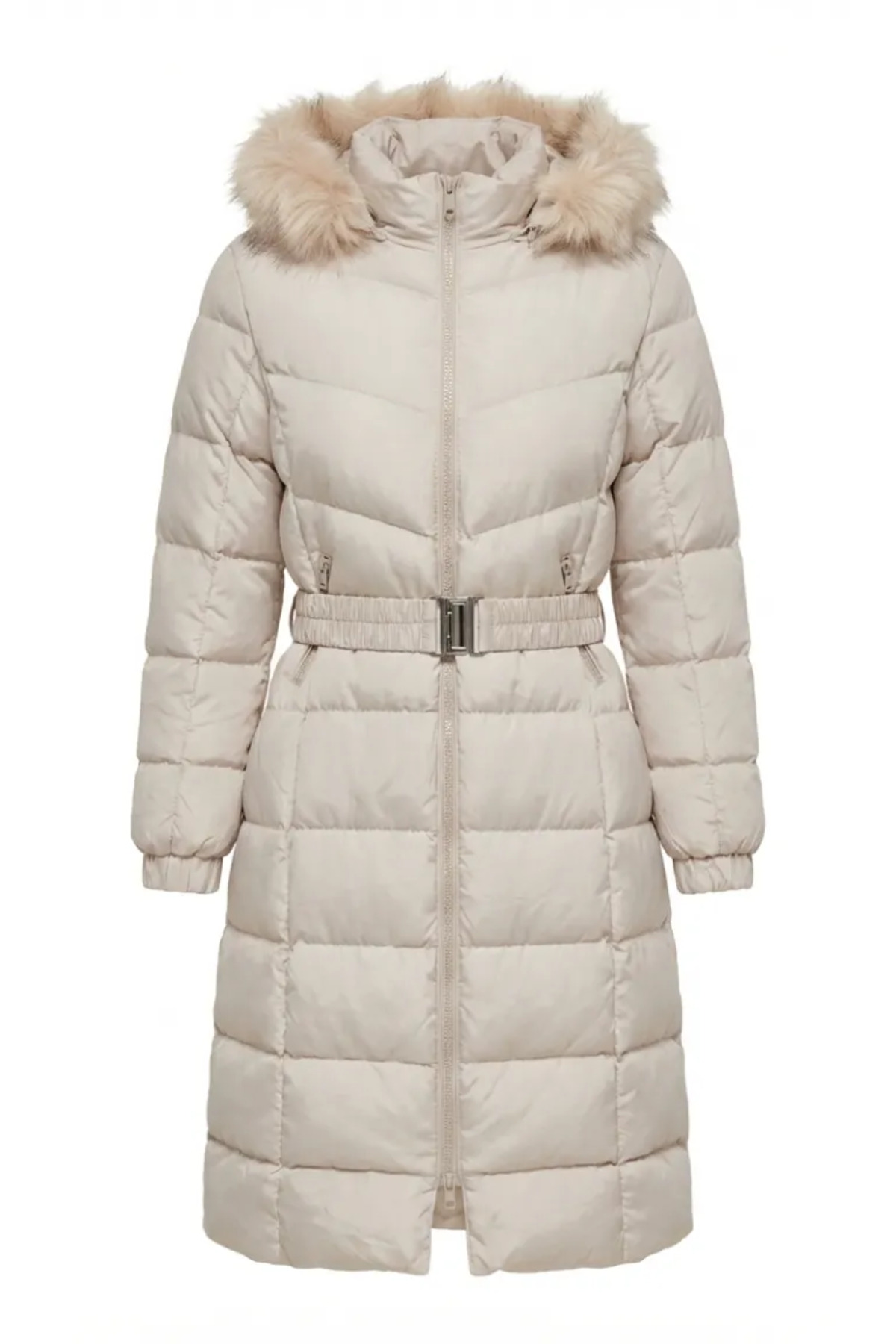 sefamerve  Kürklü Kapüşonlu Kemerli Şişme Mont 6135-04 Bej - Görsel 6
