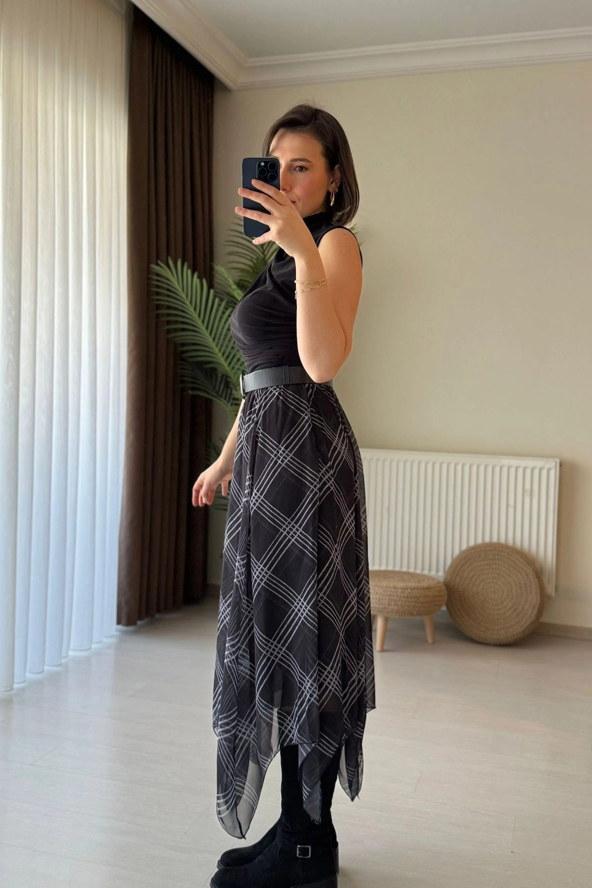 Kubos Moda  Asimetrik Kesim Astarlı Siyah Şifon Etek - Görsel 2