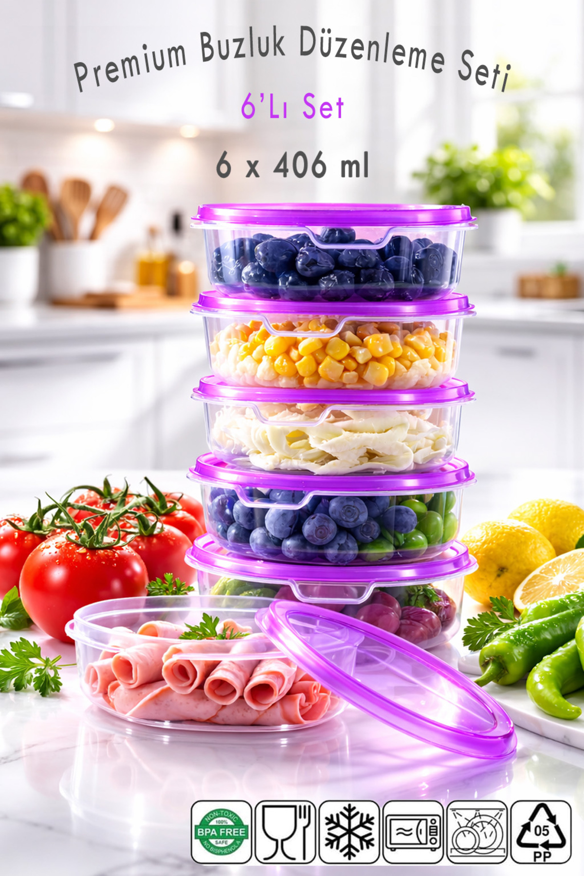 6Pcs Luxury Microwave Diffreiz Deep Freezer Freezer Organizer Storage Container with Purple Round Lid