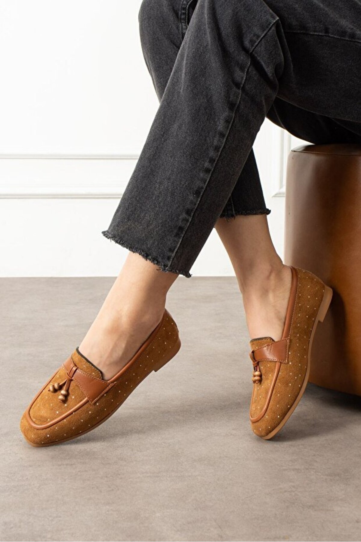 STOCON Padova Taba Mini Taşlı Püsküllü Ahşap Boncuk Detaylı Süet Loafer Babet Günlük Ayakkabı STC1259 görsel 2
