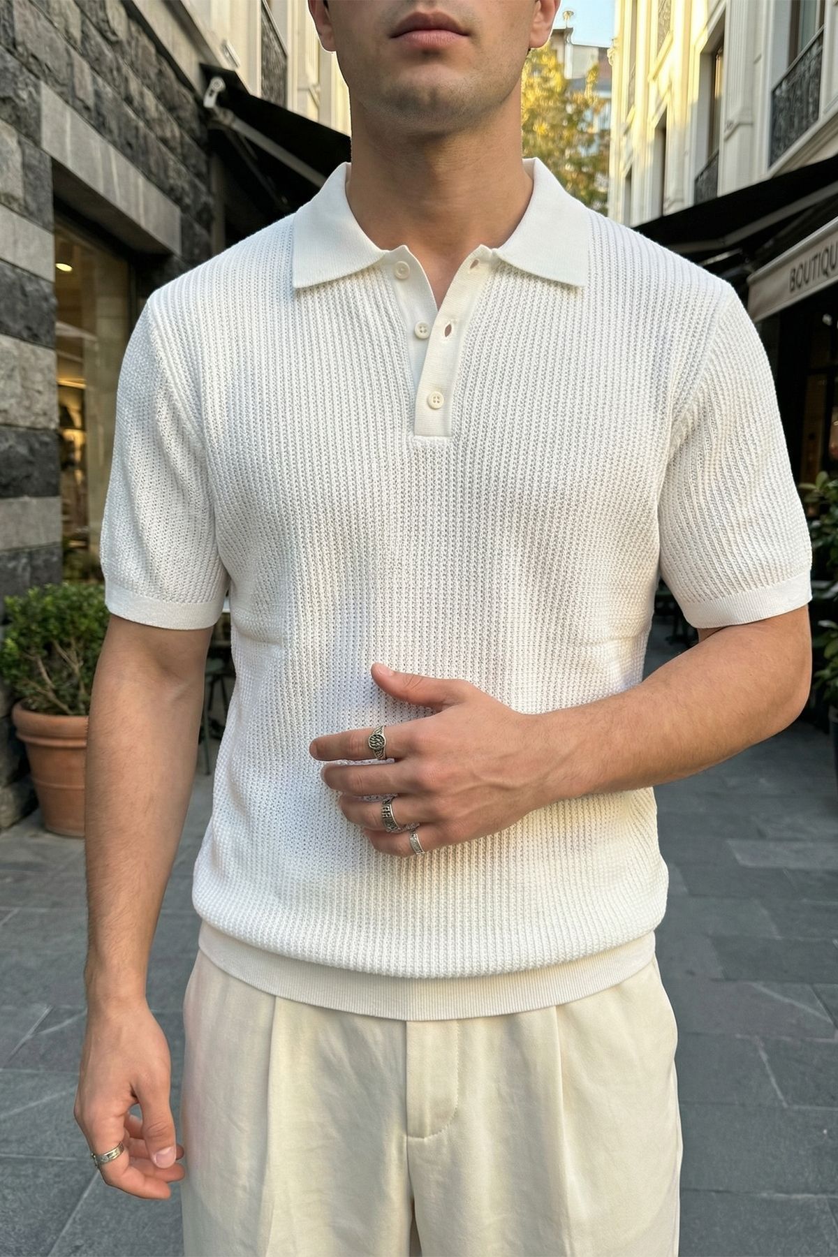 Bande Regular Fit Men's Short Sleeve Knitwear Polo Neck Textured T-Shirt