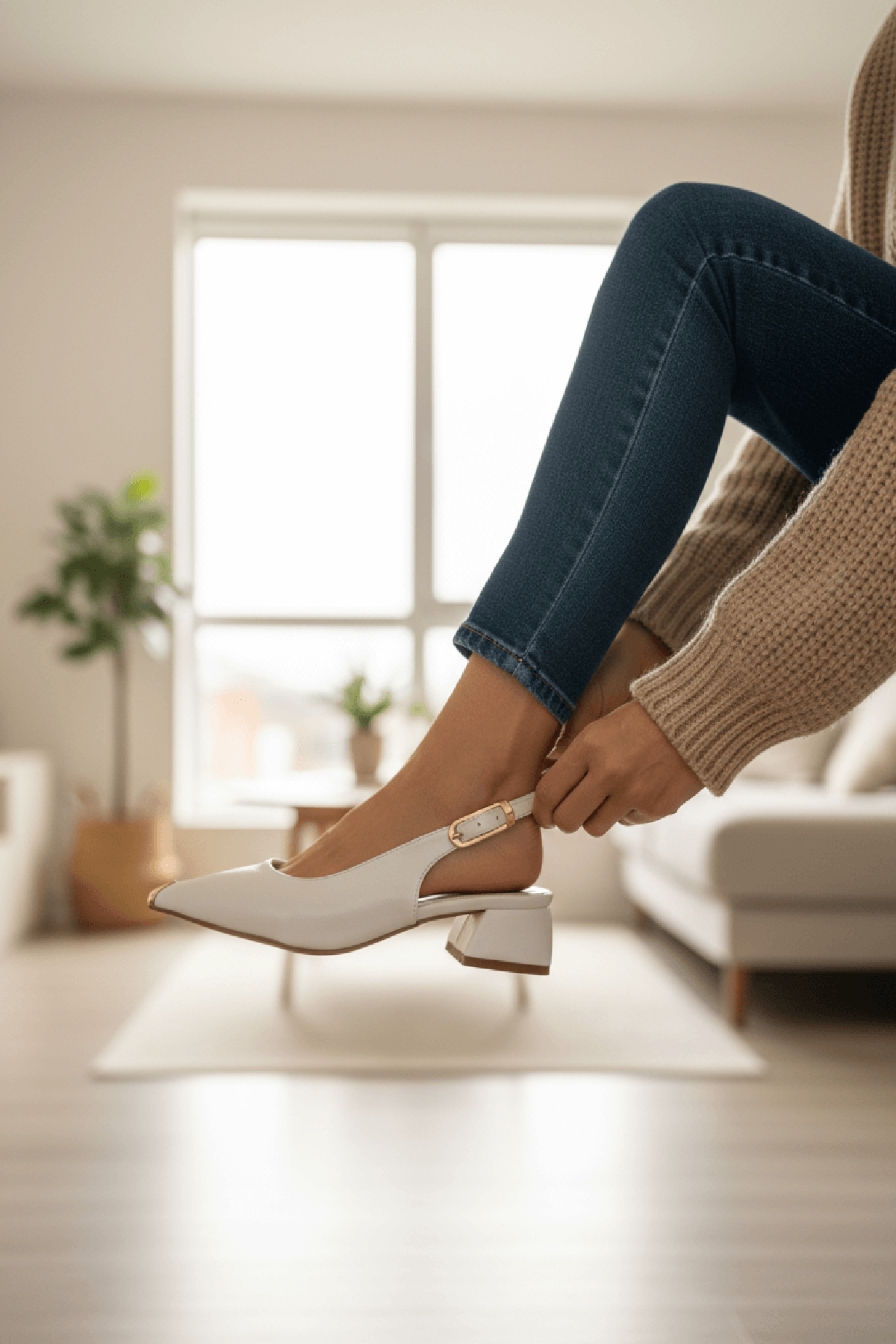 DURUNUN BUTİĞİ  Dundo Beyaz Yanı Tokalı (4 cm Topuk Boyu ) Sivri Burun Topuklu Babet Ayakkabı - Görsel 5