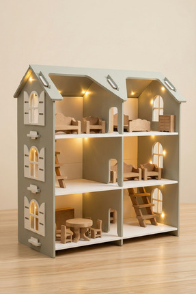 hedefixtoys LED Işıklı Ahşap Oyuncak Ev | 3 Katlı Yeşil Montessori Bebek Evi