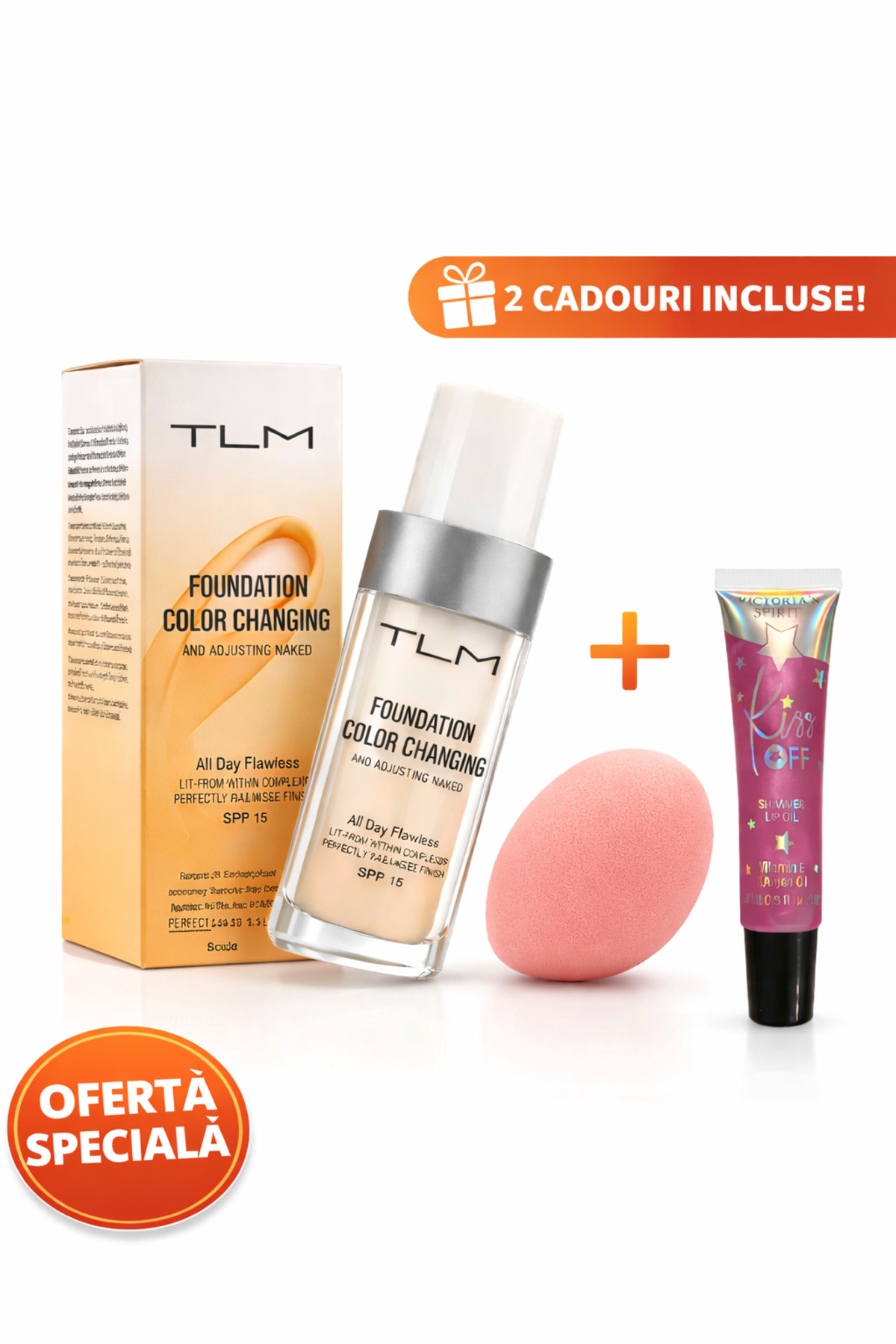 TLM Фон дьо тен с променящ се цвят SPF 15 + ПОДАРЪК Професионална гъба за гри...