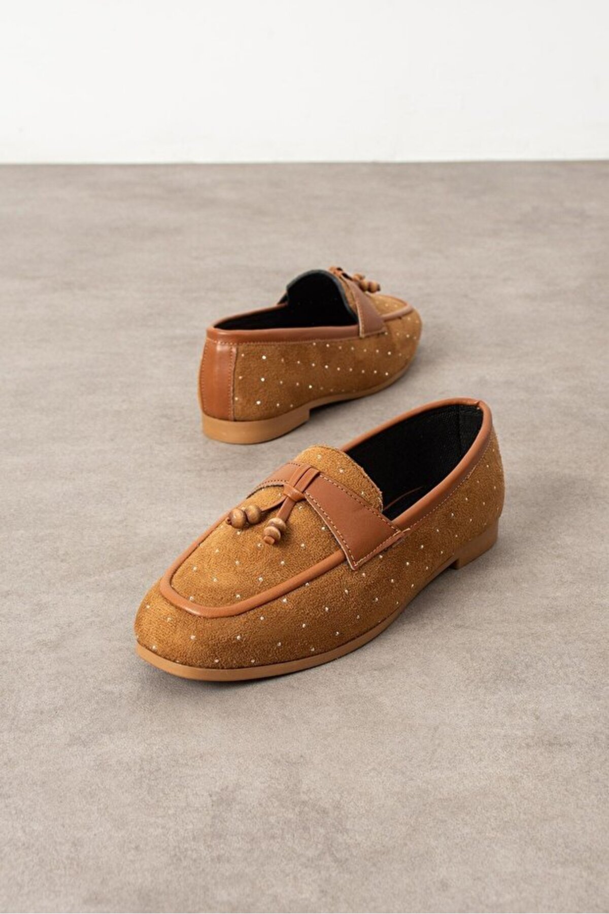 STOCON Padova Taba Mini Taşlı Püsküllü Ahşap Boncuk Detaylı Süet Loafer Babet Günlük Ayakkabı STC1259 görsel 3