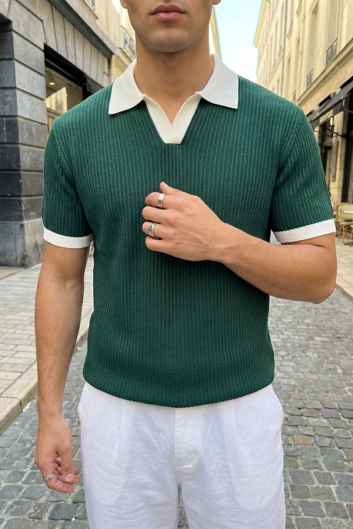 Regular Fit Men's Short Sleeve Knitwear Polo Neck T-Shirt Striped Textured from the Village