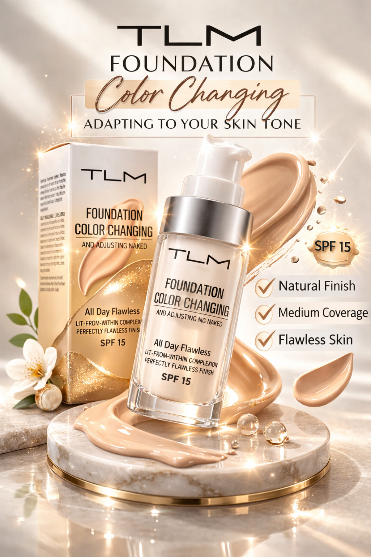 TLM Foundation με αλλαγή χρώματος SPF 15 – Αυτόματη προσαρμογή στον τόνο του ...