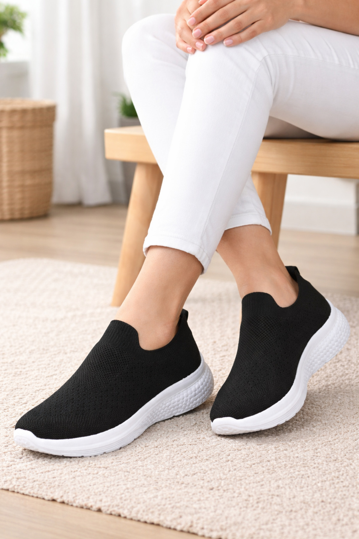 Encool  Kadın Siyah Beyaz Tabanlı Triko Sneaker – Hafif & Nefes Alabilen - Görsel 5