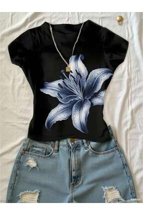 Velostra Kadın Büyük Çiçek Baskılı Crop Tişört