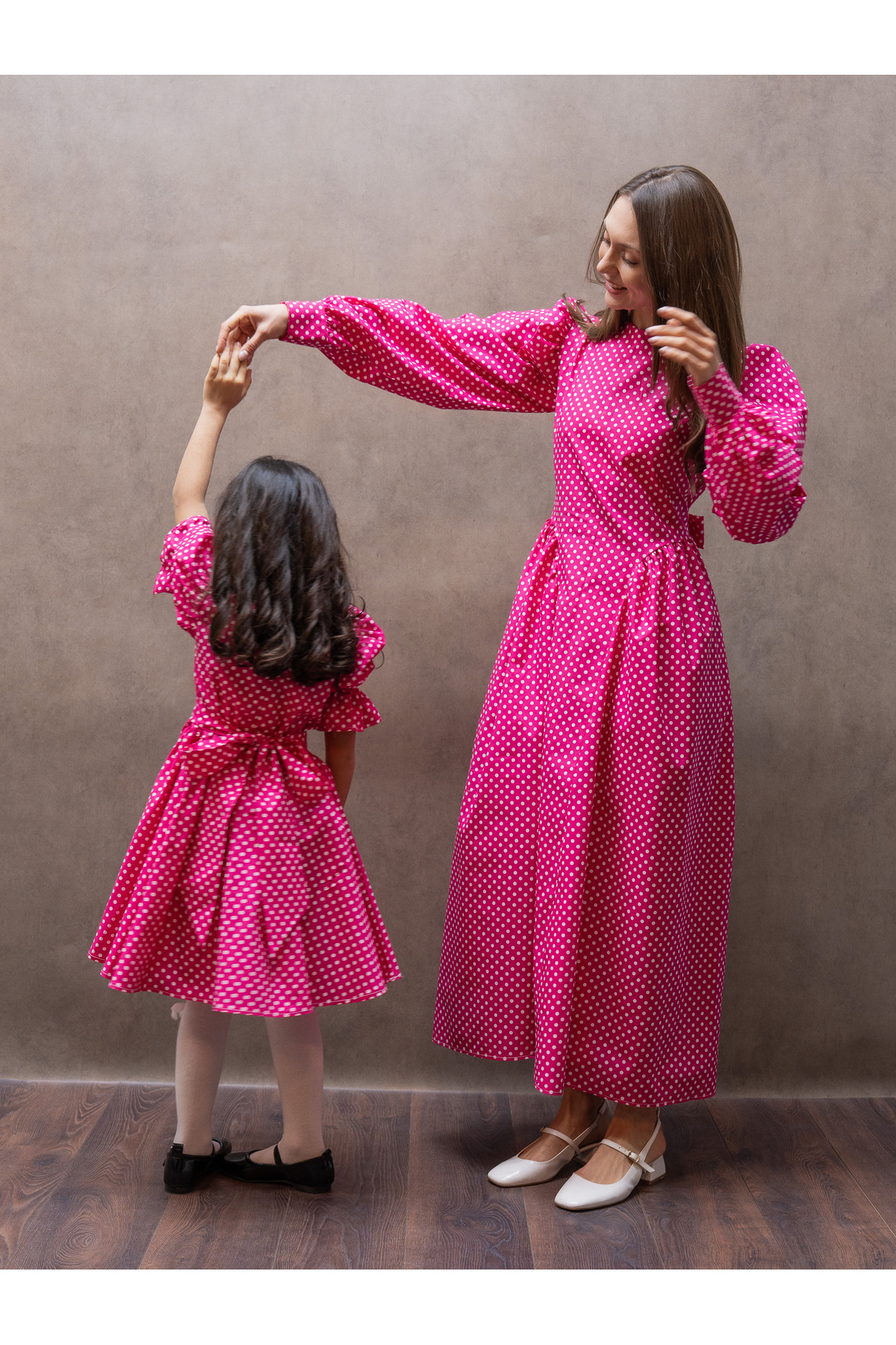 KÜÇÜĞÜM BUTİK Pleated Fuchsia Polka Dot Poplin Mother and Daughter Flared Dress Outfit (SOLD INDIVIDUALLY)