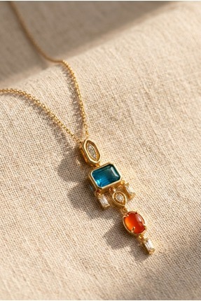 stainless steel Kadın Renkli Taşlı Altın Kaplama Kolye Geometrik Tasarım Mavi...