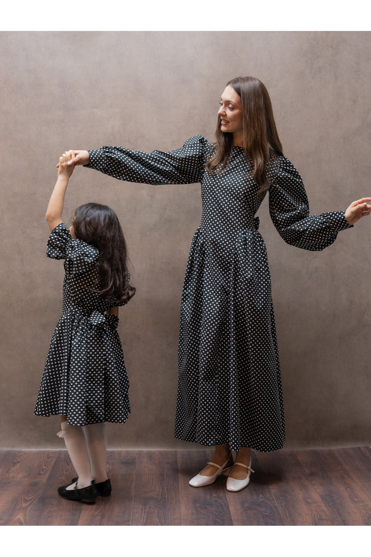 KÜÇÜĞÜM BUTİK Pleated Black Polka Dot Poplin Mother and Daughter Flared Dress Outfit (SOLD AS A SINGLE ITEM)