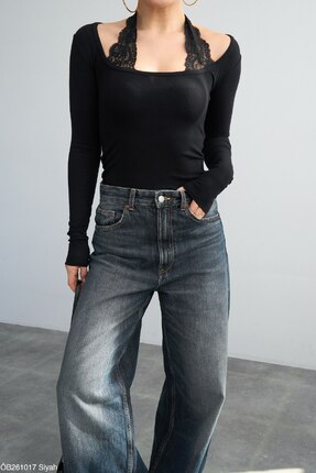 pantofashion Kadın Dantel Detaylı Uzun Kollu Bluz – Fitilli Pamuklu Esnek Kar...