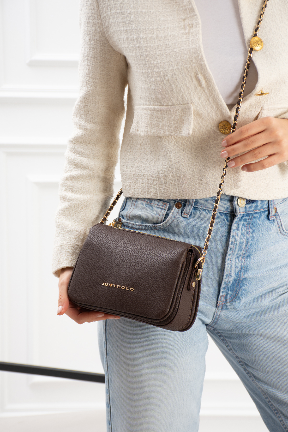 Just Polo  Kadın 3 Bölmeli Zincir Uzun Askılı Yeni Sezon Aksesuarlı El & Omuz Çantası (21x15x8 CM) - Görsel 4