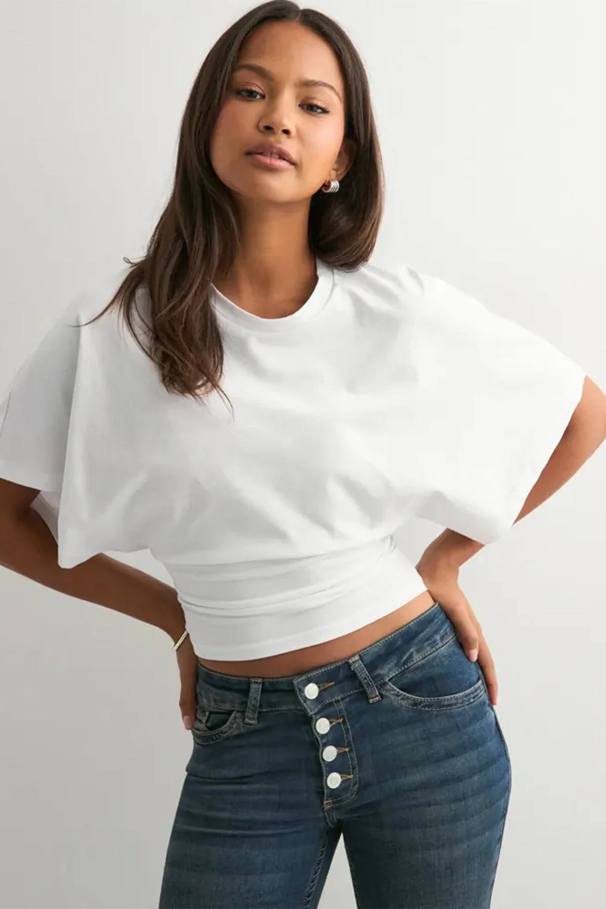 khar  Kadın Crop Bluz-Belden Oturtmalı Oversize Yarasa Kol Günlük ve Şık Tasarım - Görsel 4