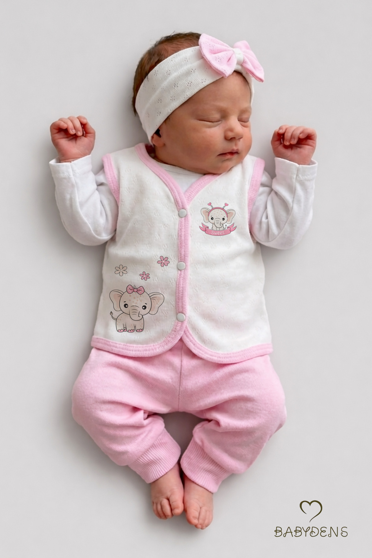 BABYDEN'S Kız Bebek 3’lü Yelek Seti Kalp Jakar Desenli Fil Baskılı Çıtçıtlı Yelek Yenidoğan Mevsimlik Yelek fotoğrafı 2 (önizleme)